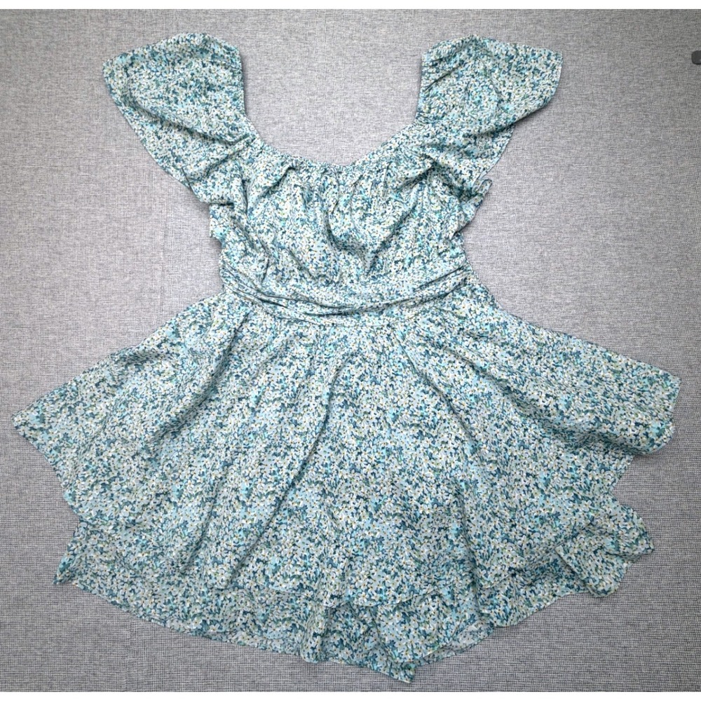 Exlura Floral Romper Blue White Ditsy Print Tie Back‎ Smocked Waist XL NWT